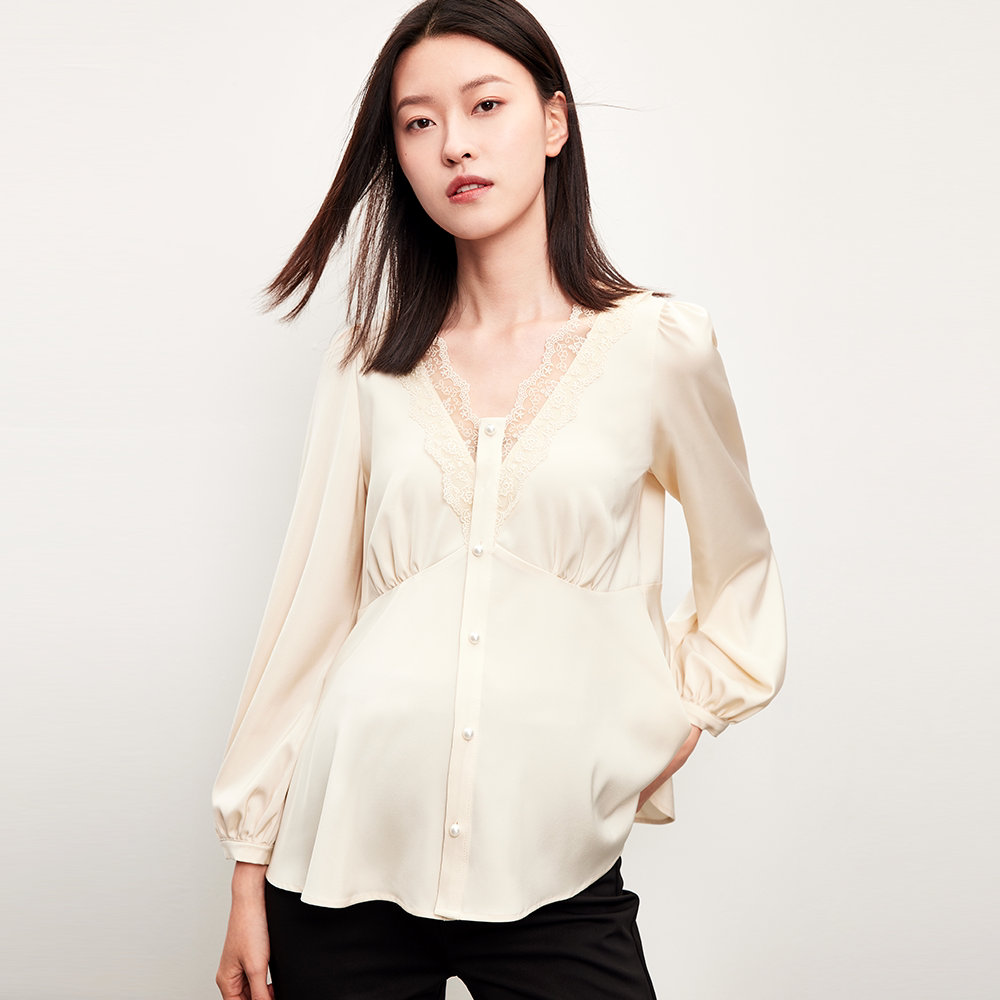 sellynear孕妇春夏新款上衣衬衫时髦洋气奶油色蕾丝散摆职业衬衣