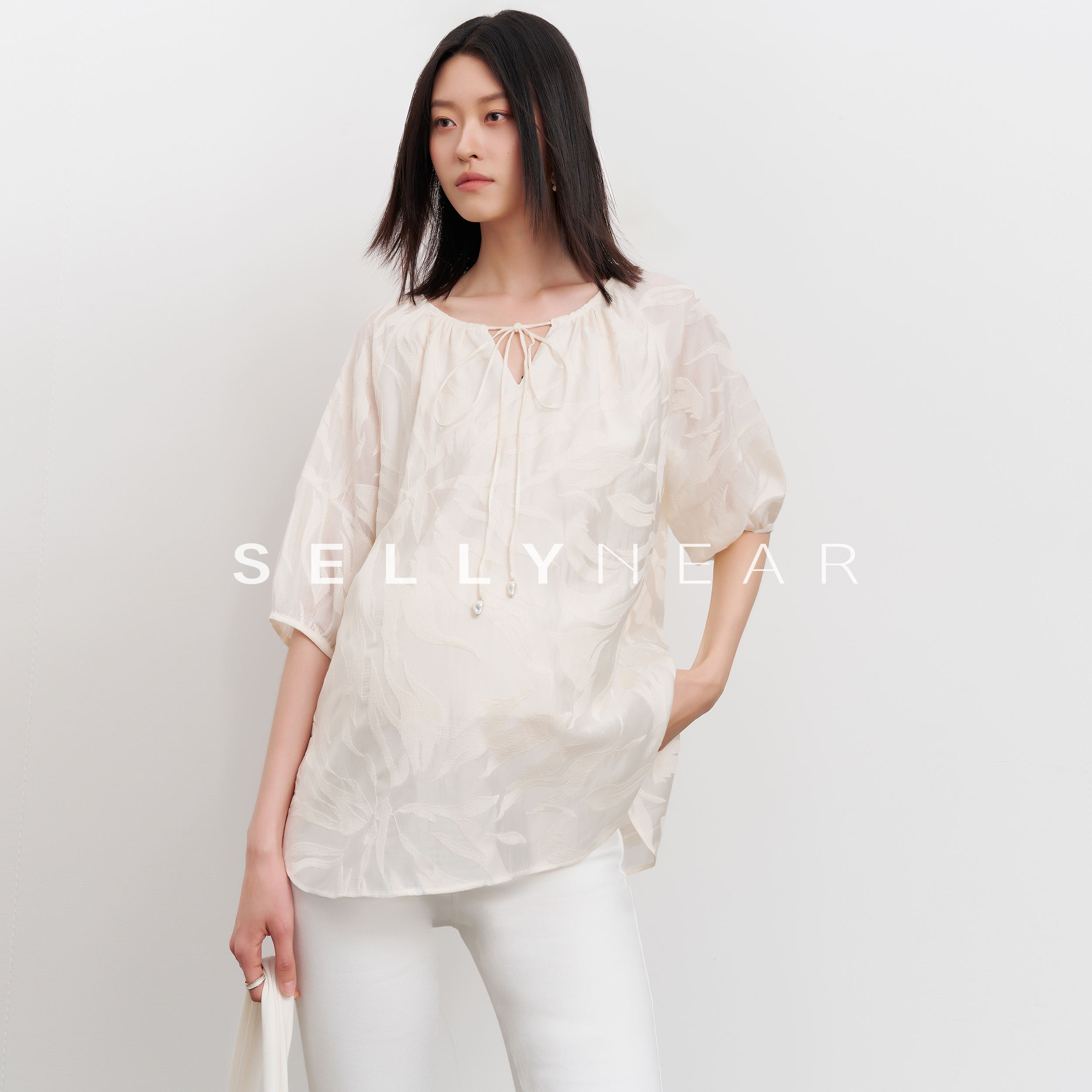 SELLYNEAR立体花纹刺绣法式衬衫