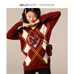 宽松红色格纹刺绣针织衫 时尚 上衣 中长款 SELLYNEAR孕妇毛衣冬季