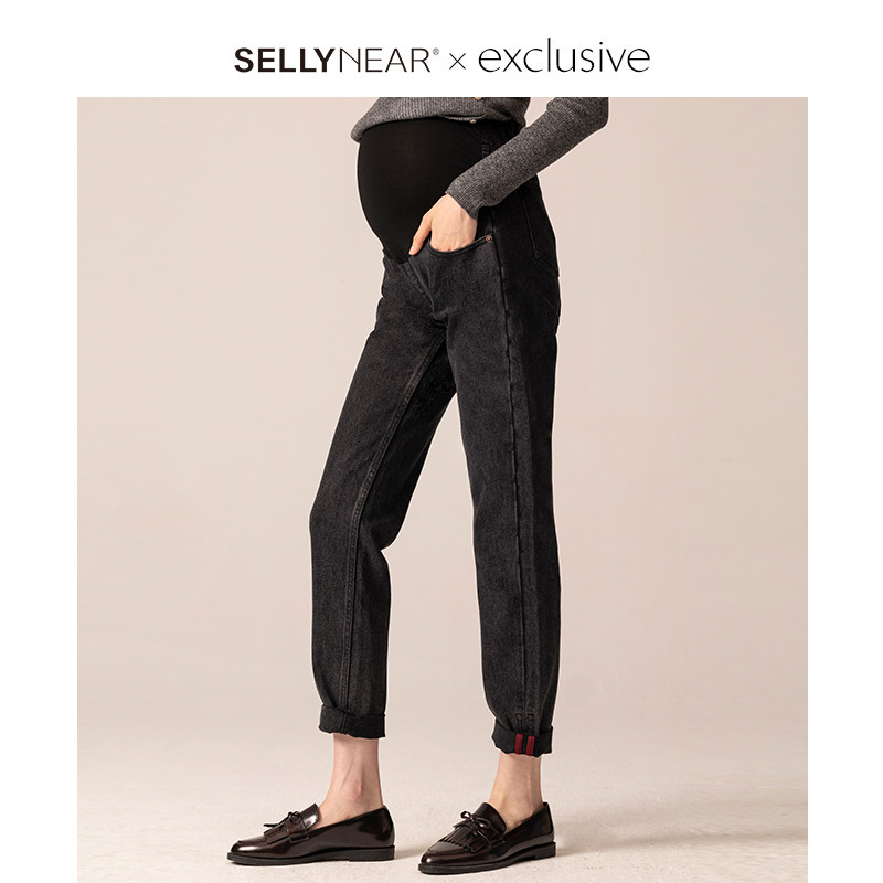 SELLYNEAR 孕妇秋装黑色脚口织带装饰萝卜裤子春秋季外穿托腹裤