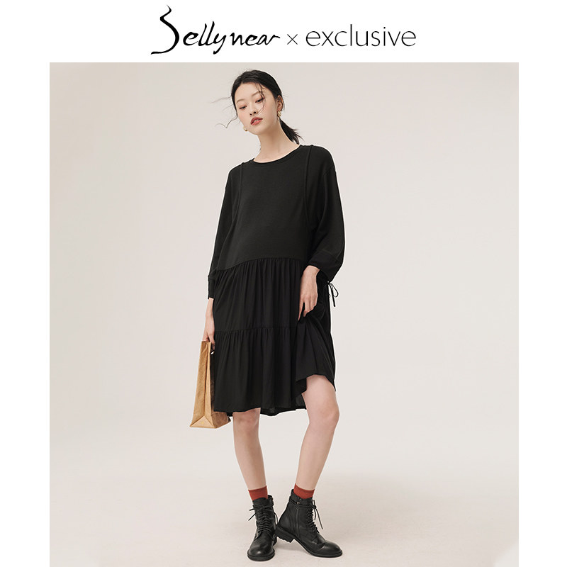 SELLYNEAR孕妇通勤职场拼接连衣裙子春秋装中长款大码外出哺乳裙