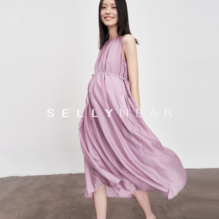 SELLYNEAR孕妇夏装连衣裙新款时尚丝滑宽松法式优雅A摆紫色背心裙