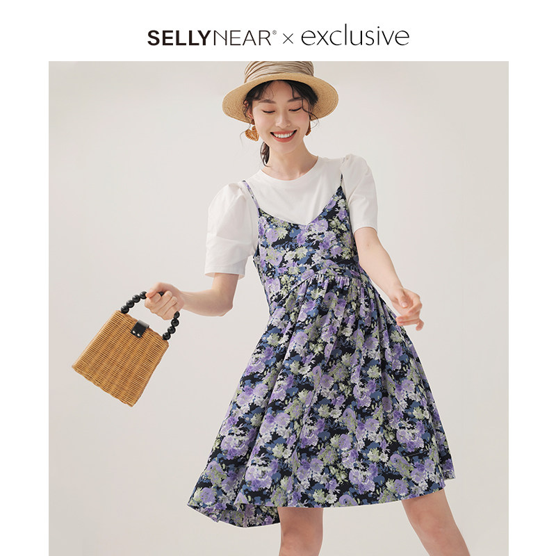 SELLYNEAR 减龄孕妇妈妈夏装紫色印花吊带裙两件套装外出时尚款季