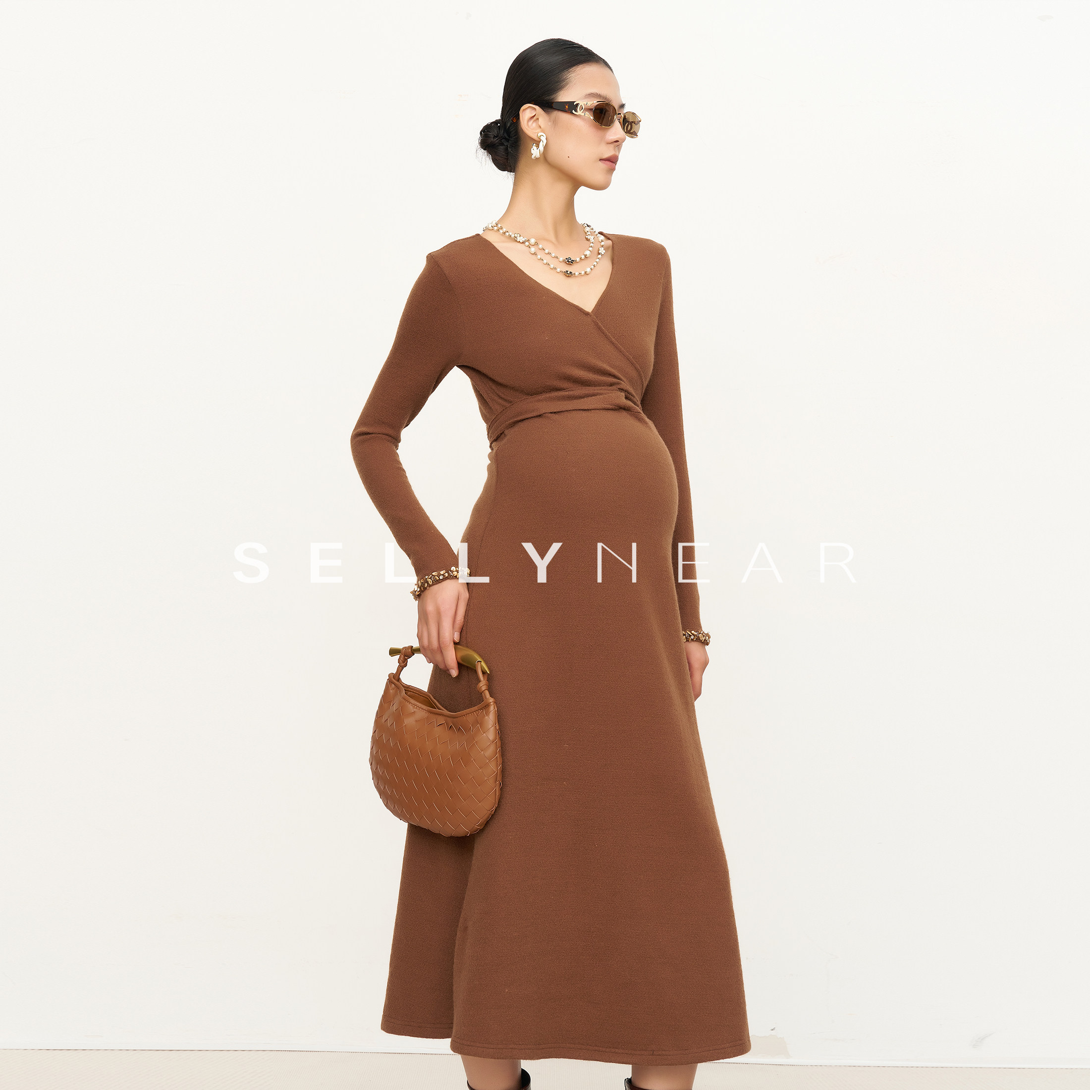 SELLYNEAR孕妇装连衣裙春新款针织裙时尚法式优雅交叉钉珠连衣裙,孕妇装/孕产妇用品/营养,连衣裙,淘宝优惠券,粉丝福利购,淘宝优惠卷