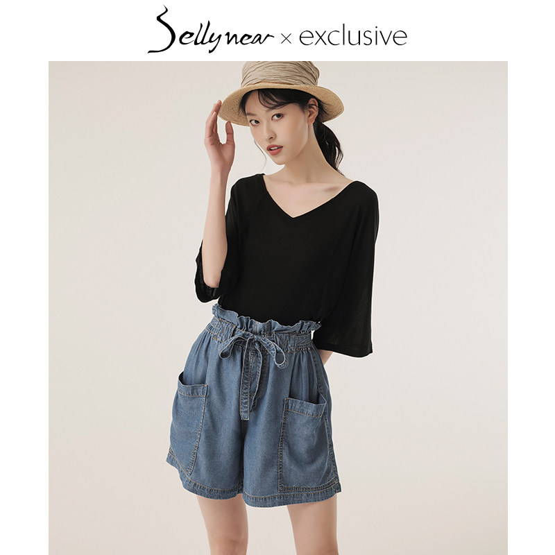 SELLYNEAR 孕妇裤装宽松荷叶边装饰撞色牛仔短裤春夏装女蝴蝶系带