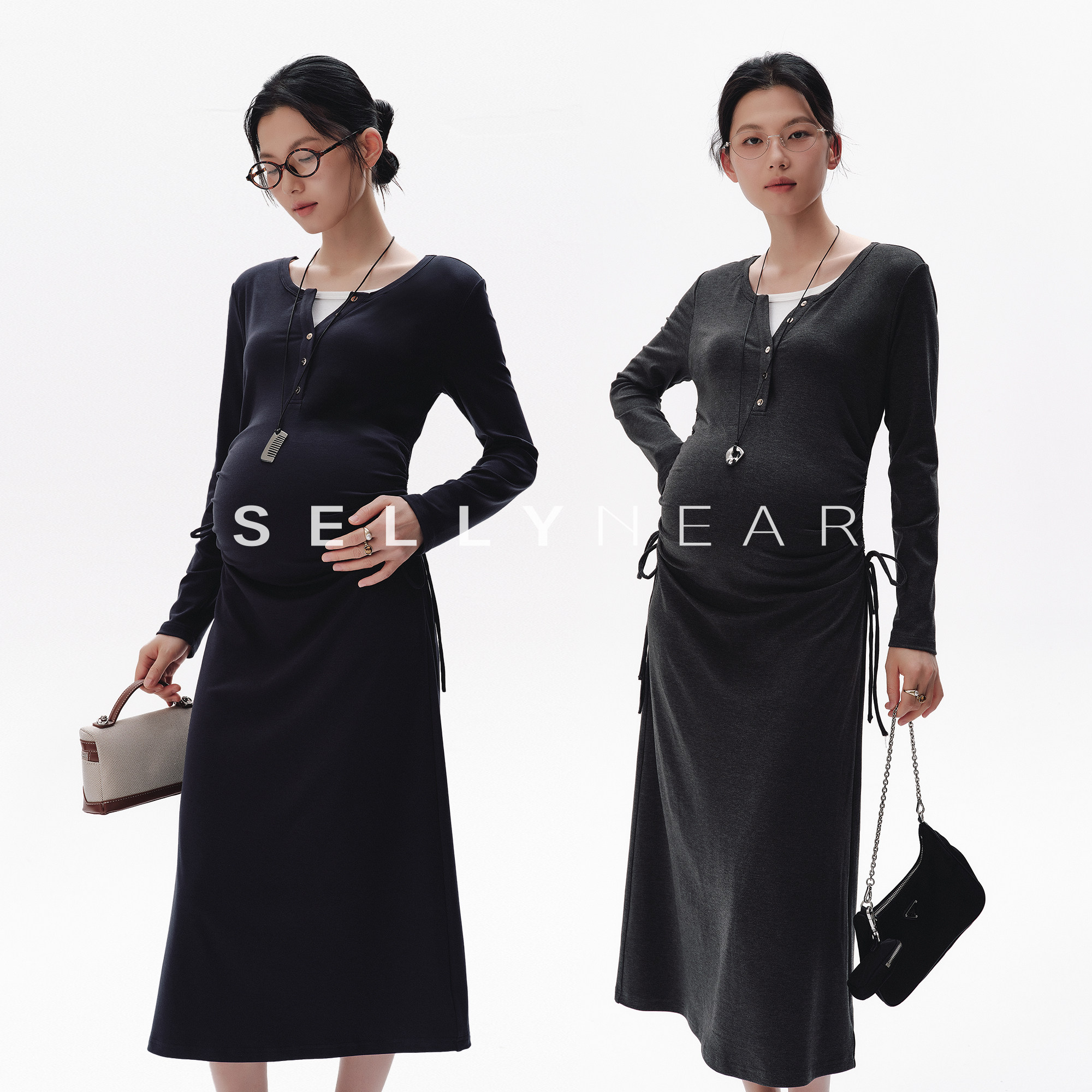 SELLYNEAR高级感孕妇装哺乳连衣裙2026新款秋圆领抽褶收腰孕期裙图片