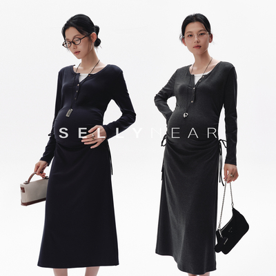 SELLYNEAR高级感孕妇装哺乳连衣裙2026新款秋圆领抽褶收腰孕期裙