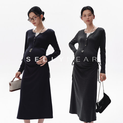 SELLYNEAR高级感孕妇装哺乳连衣裙2026新款秋圆领抽褶收腰孕期裙