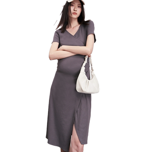 SELLYNEAR孕妇装夏季新款连衣裙时尚修身显瘦V领高弹针织哺乳裙