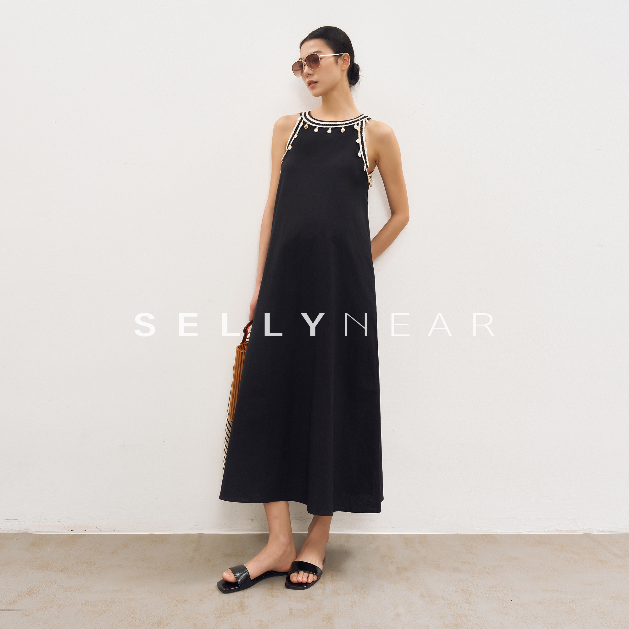 SELLYNEAR孕妇高级穿搭背心裙夏新款气质重工圆领亚麻度假连衣裙
