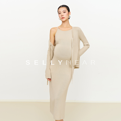 SELLYNEAR孕妇秋冬装套装时尚气质宽松针织吊带连衣裙开衫两件套