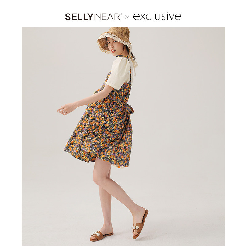SELLYNEAR 洋气2020孕妇夏琥珀黄吊带连衣哺乳裙子套装外出时尚款