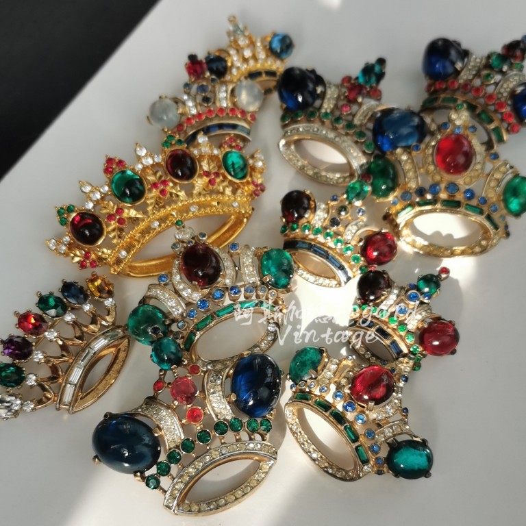 trifari coro纯银果冻彩宝莱茵石皇冠胸针合集vintage古董首饰