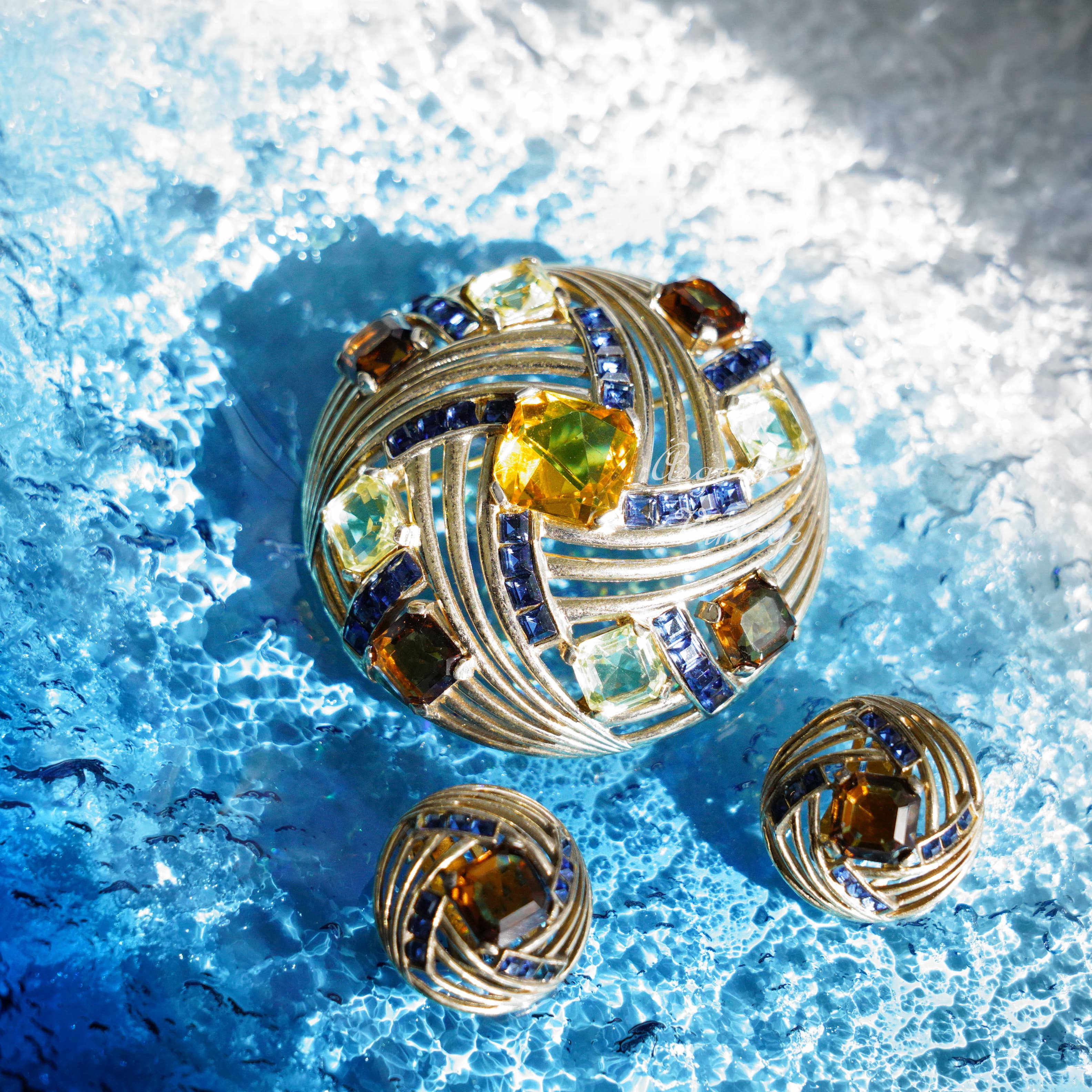 boucher收藏款莱茵石方糖胸针耳夹套装阿斯加德vintage古董首饰