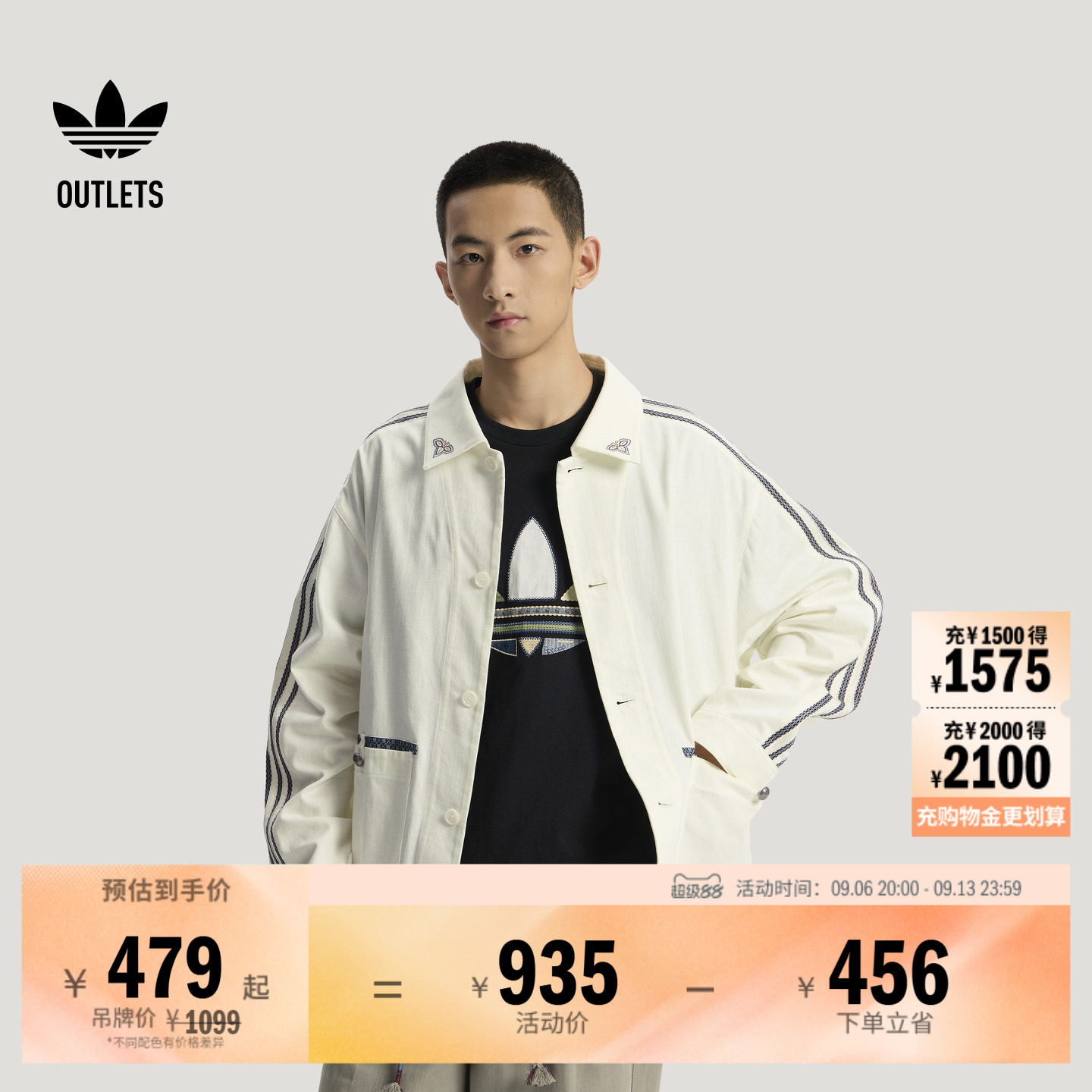 潮流百搭休闲宽松翻领夹克薄外套男春季adidas阿迪达斯三叶草