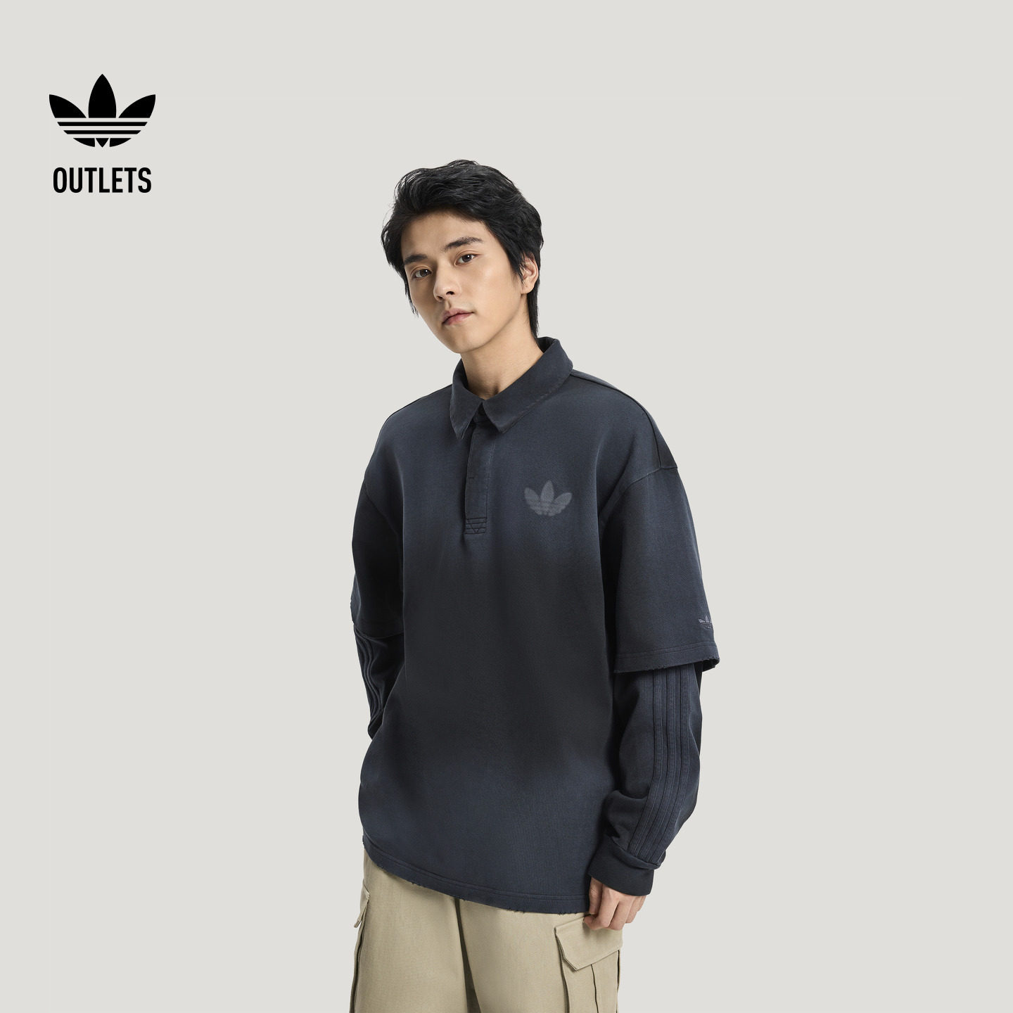假两件纯棉百搭时尚宽松运动长袖POLO衫男装adidas阿迪达斯三叶草