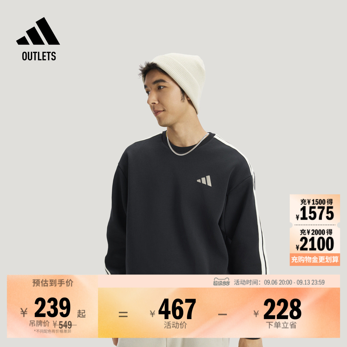 时尚休闲柔软三条纹宽松针织卫衣男装adidas阿迪达斯轻运动