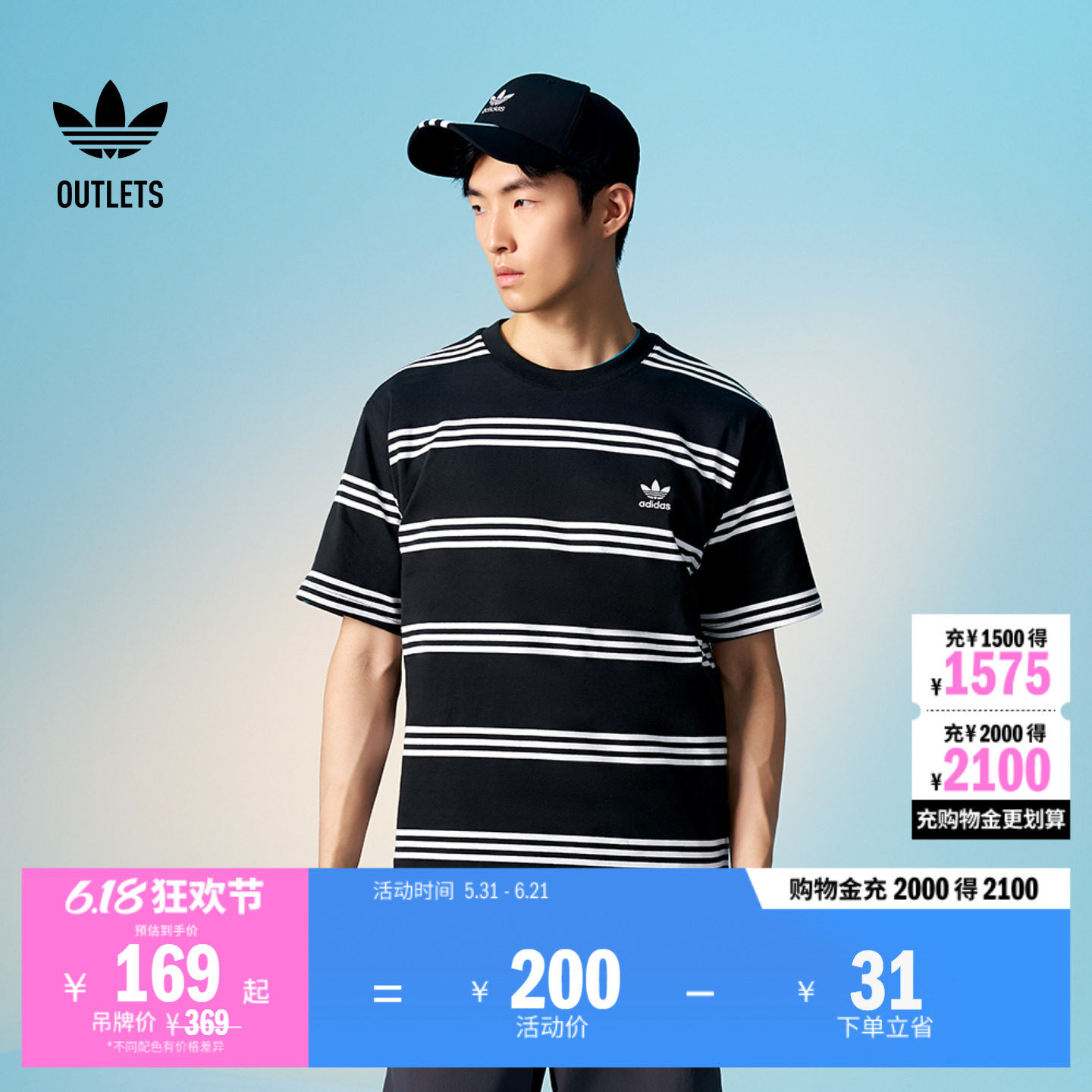 条纹纯棉运动上衣短袖T恤男装adidas阿迪达斯官方outlets三叶草