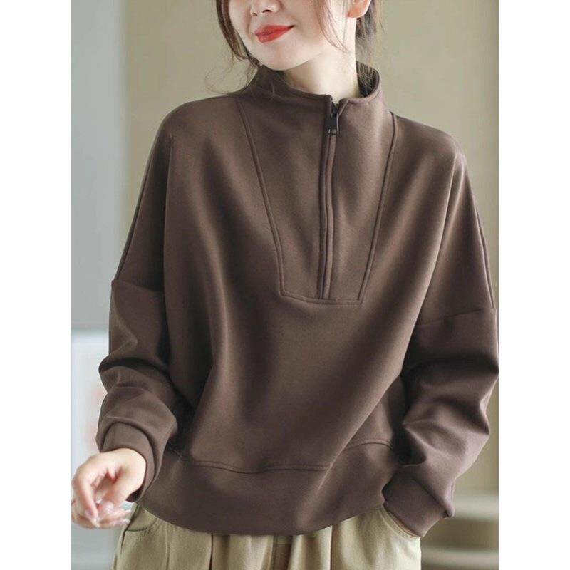 外贸原单专柜撤回立领半拉炼卫衣女士秋冬款长袖套头上衣宽松大码