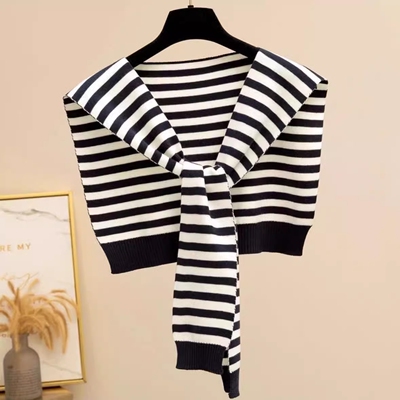 白色条纹外搭小披肩针织打结女韩版百搭装饰假领子围巾春夏秋搭肩