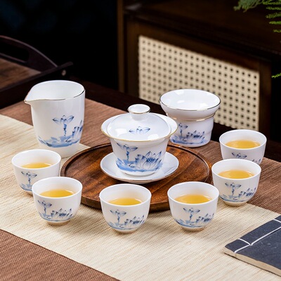 景德镇陶瓷茶具套装家用青花功夫茶杯盖碗8件套组合公司礼品