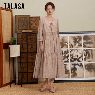 TALASA商场同款 宽松显瘦设计感茶歇裙 丝棉印花连衣裙2023年秋新款