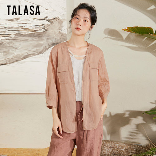 TALASA宽松设计小众开衫苎麻衬衫