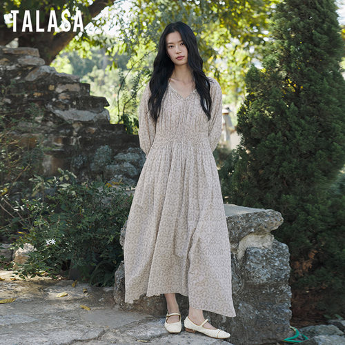 TALASA丝棉V领碎花显瘦连衣裙
