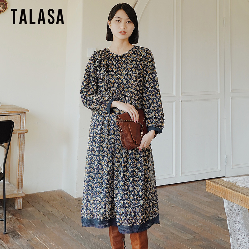 TALASA小碎花连衣裙2023年秋新款设计木耳边复古宽松显瘦优雅长裙