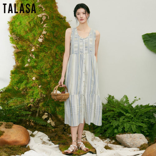 TALASA田园风长裙棉麻拼接设计
