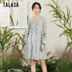 TALASA棉印花连衣裙2026年春夏新款木耳边拼接设计复古显瘦娃娃裙