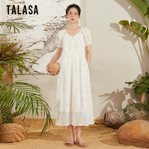 TALASA优雅A字长裙纯棉碎花刺绣