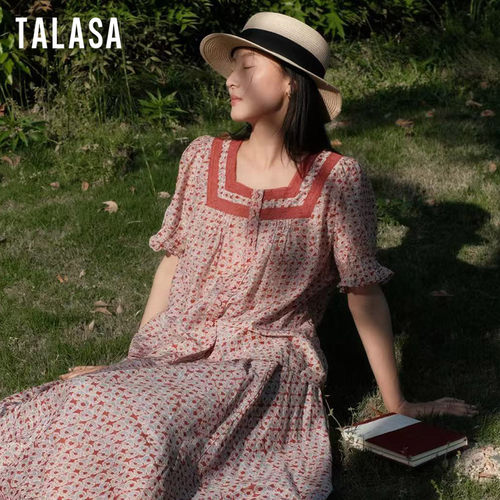 TALASA丝棉方领印花法式复古衬衫