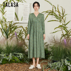 TALASA小碎花印花连衣裙2026年春夏新款法式复古收腰显瘦优雅长裙
