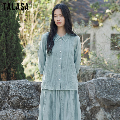 TALASA夏季丝棉蕾丝拼接衬衫女