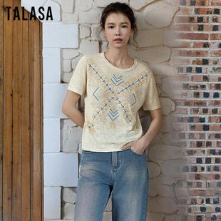TALASA商场同款 刺绣设计百搭宽松 亚麻针织短袖 T恤女2025春夏新款