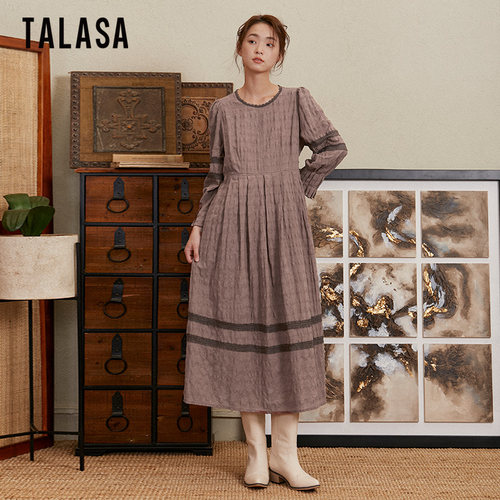 TALASA复古设计A字长裙棉麻蕾丝