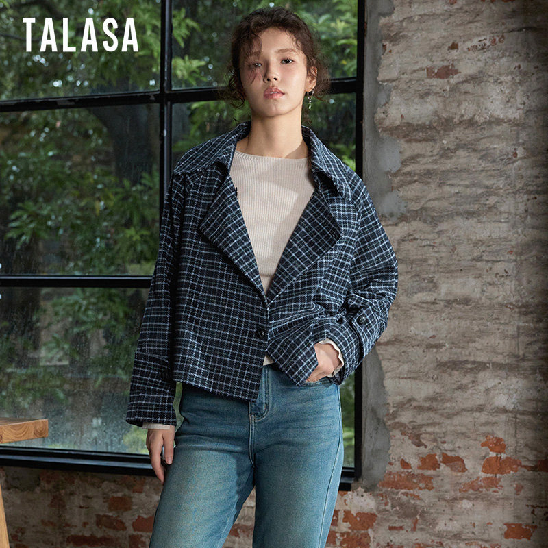 TALASA商场同款格纹短外套2025年秋新款复古夹克翻领设计百搭显瘦,女装/女士精品,短外套,淘宝优惠券,粉丝福利购,淘宝优惠卷