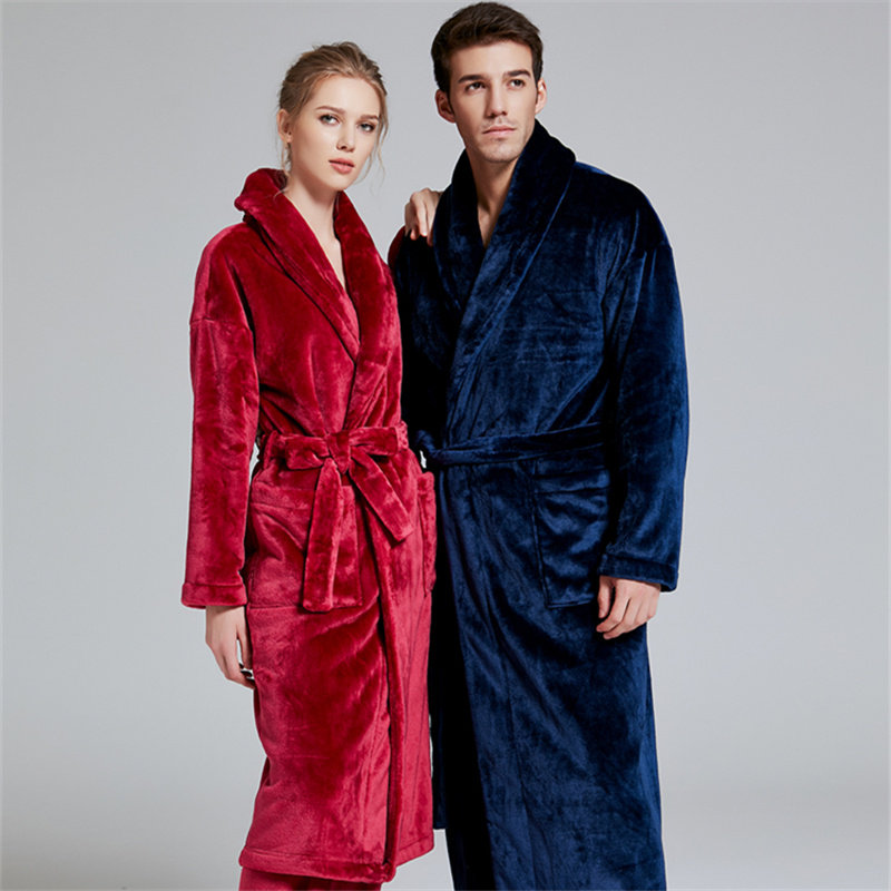 睡袍女冬两件套法兰绒睡衣睡裤套装加厚加绒情侣保暖可外穿家居服