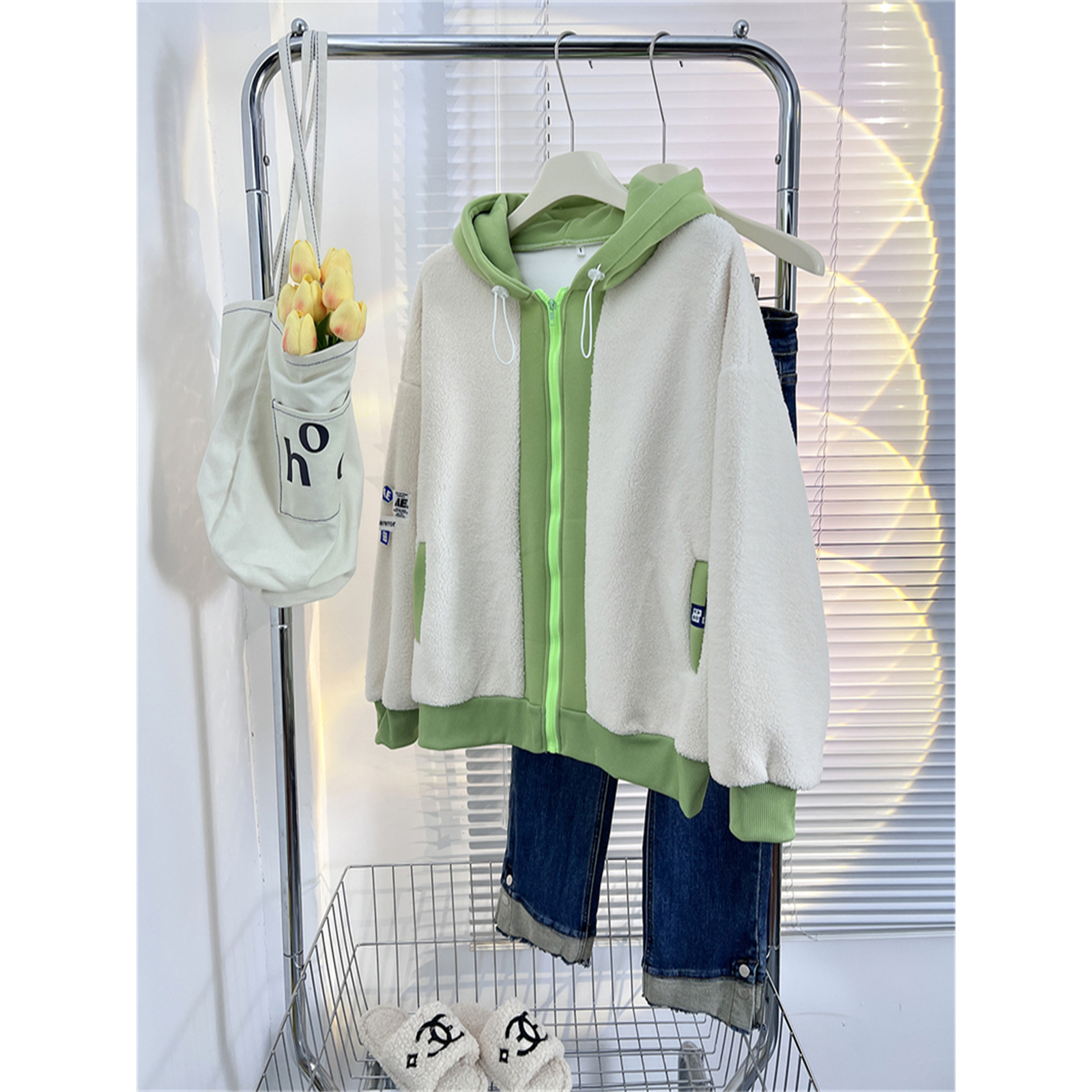 实拍 布身米粒绒复合超柔 帽子纯棉华棉复合超柔 设计感拼接外套