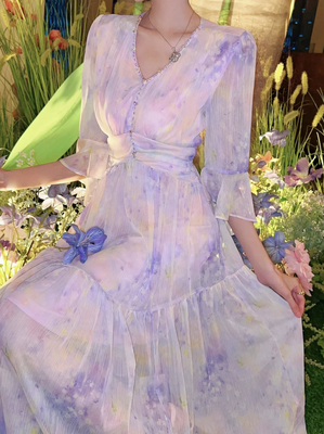 紫色晕染真丝印花连衣裙女2025新款夏季收腰显瘦度假风大摆长裙潮