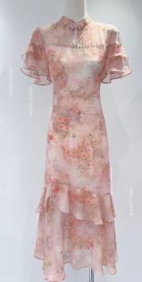 盘扣荷叶边不规则收腰显瘦高级感旗袍真丝连衣裙女 改良版 夏季 时尚