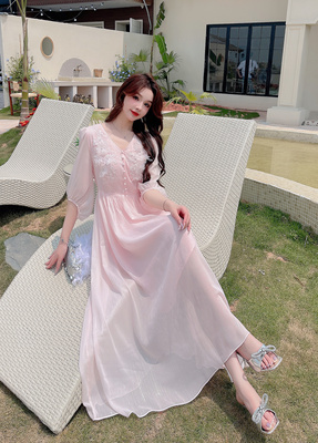 2025夏季新款重工钉珠真丝连衣裙气质纯色高端刺绣度假风大摆长裙