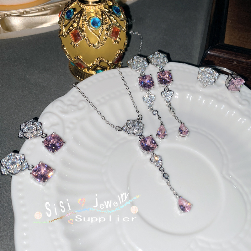 新款复古公主粉山茶花耳钉戒指女