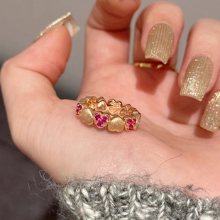 糖果甜心复古拉丝桃心锆石戒指新款红刚玉轻奢高级感爱心钻指环女