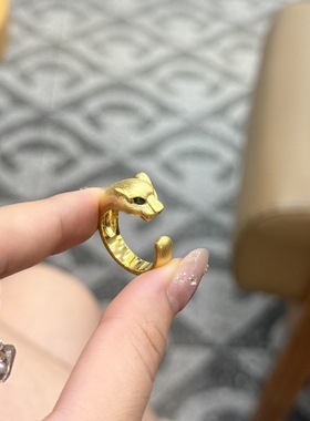 复古意大利金色拉丝豹子头戒指