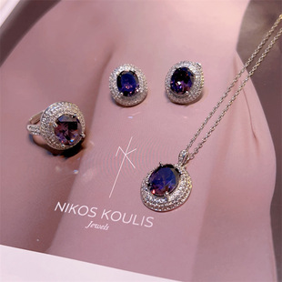 晚宴珠宝套装紫罗兰培育满钻高碳钻耳钉项链戒指女奢华优雅宴会款