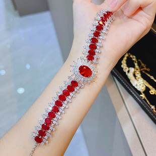 新款重工设计满钻中国红红宝石手链 骄阳似火红钻高定珠宝项链潮