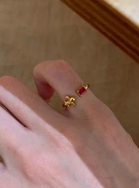 中古法式金色鸢尾花红宝石尾戒女