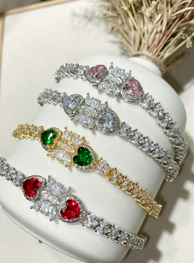 法式复古豪华祖母绿镶锆高端手链